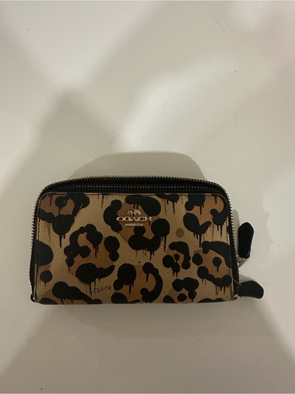 Coach Tan and Black Leopard Print Zip Card Holder